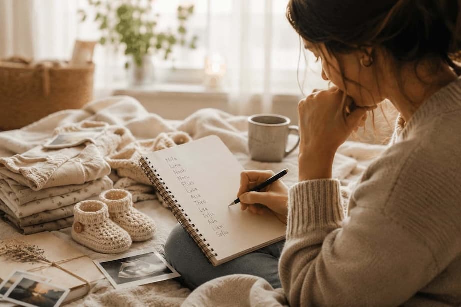A person writing a baby name shortlist in a notebook.