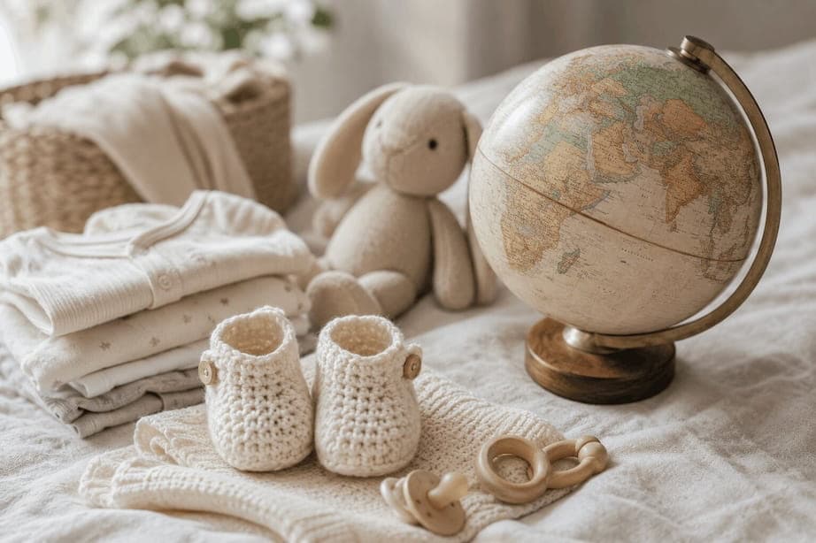 Baby clothes, knitted booties, and a globe on a soft bed.