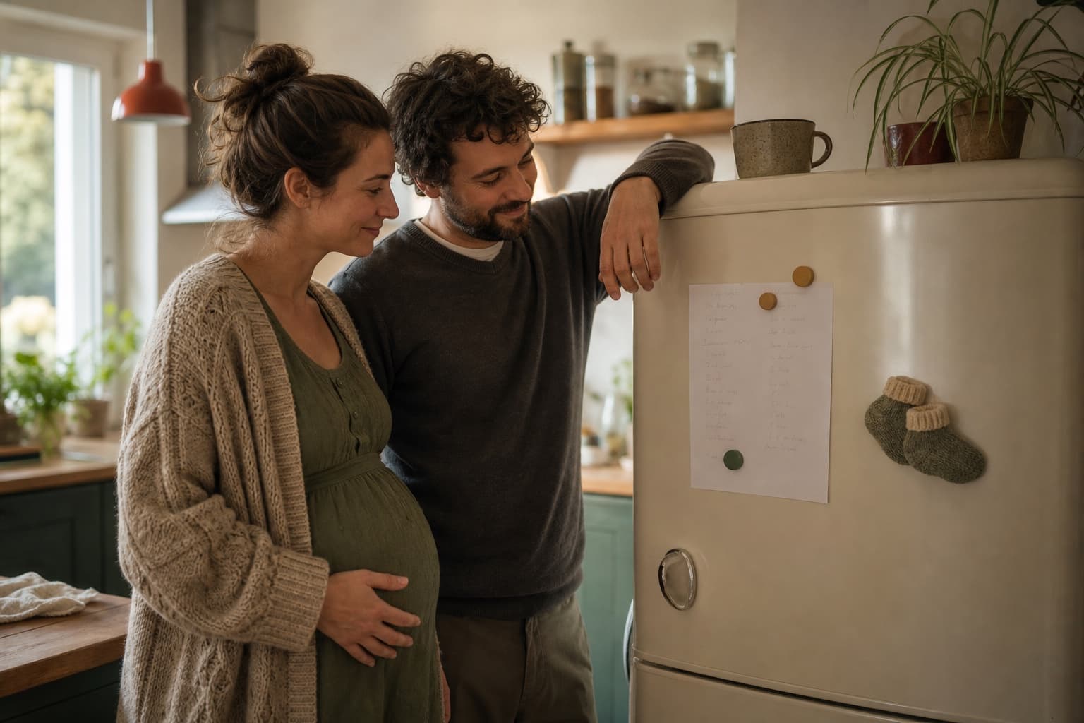 Expectant parents living with a handwritten baby-name list on their refrigerator.