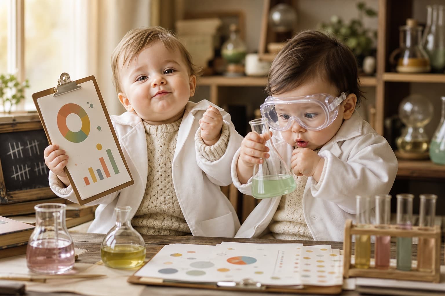 Two babies in lab coats proudly presenting their very serious baby-name research.