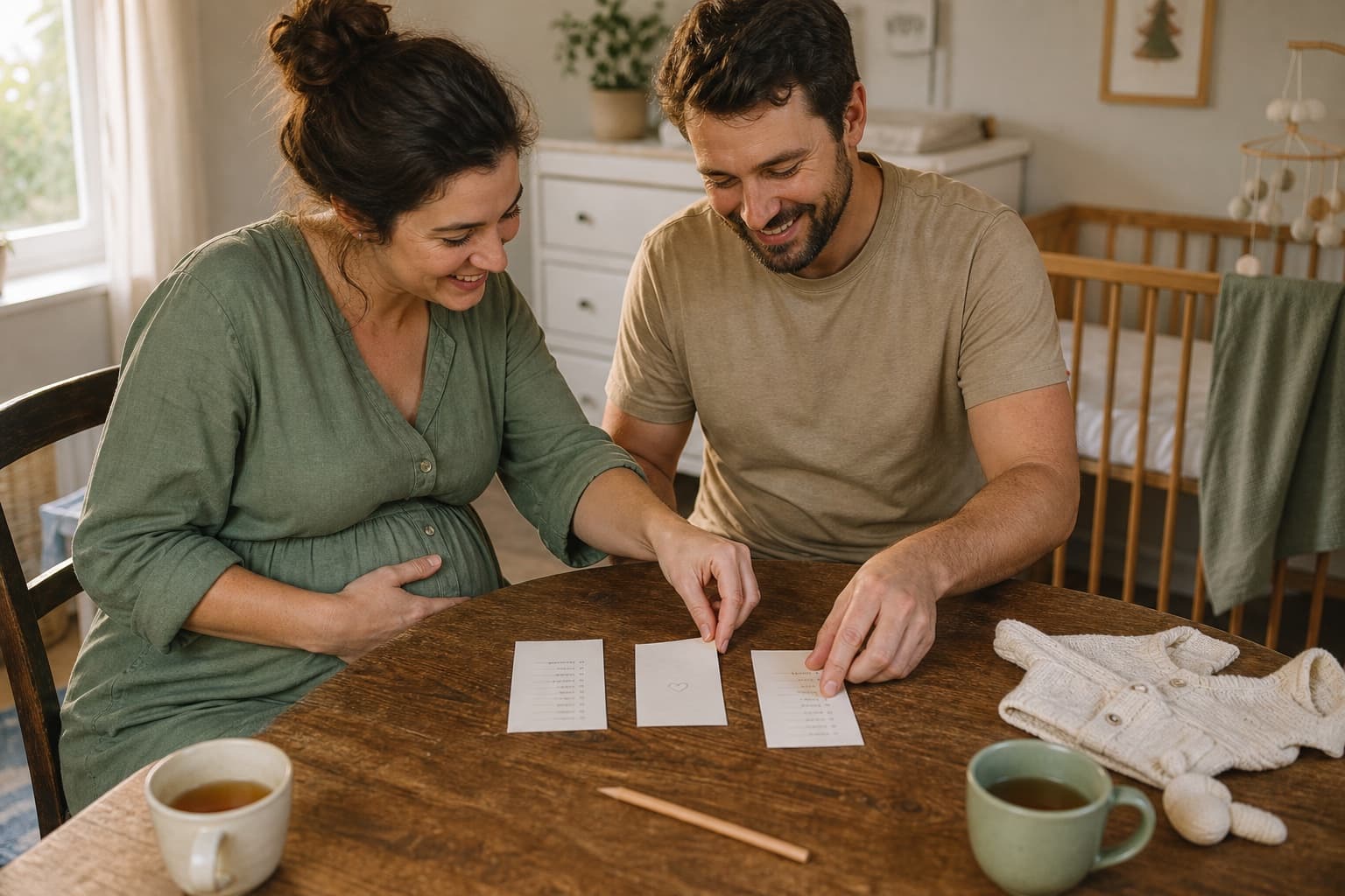 Expectant parents bringing two baby-name lists together at their kitchen table.